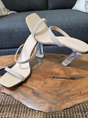 XOXO Beige Rhinestone Clear Block Heel Slide Sandals